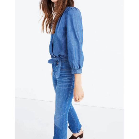Madewell Womens XL Blue 70s Retro Cropped Fit V-Neck Long Sleeve Denim Wap Top - Picture 3 of 15